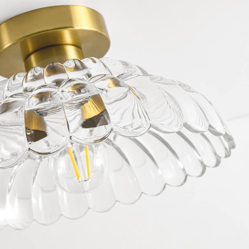 1-Light Vintage Brass Finish Metal Semi-Flush Mount Ceiling Light with Amber/Green/Grey/Clear Glass Shade for Kitchen, Hallway