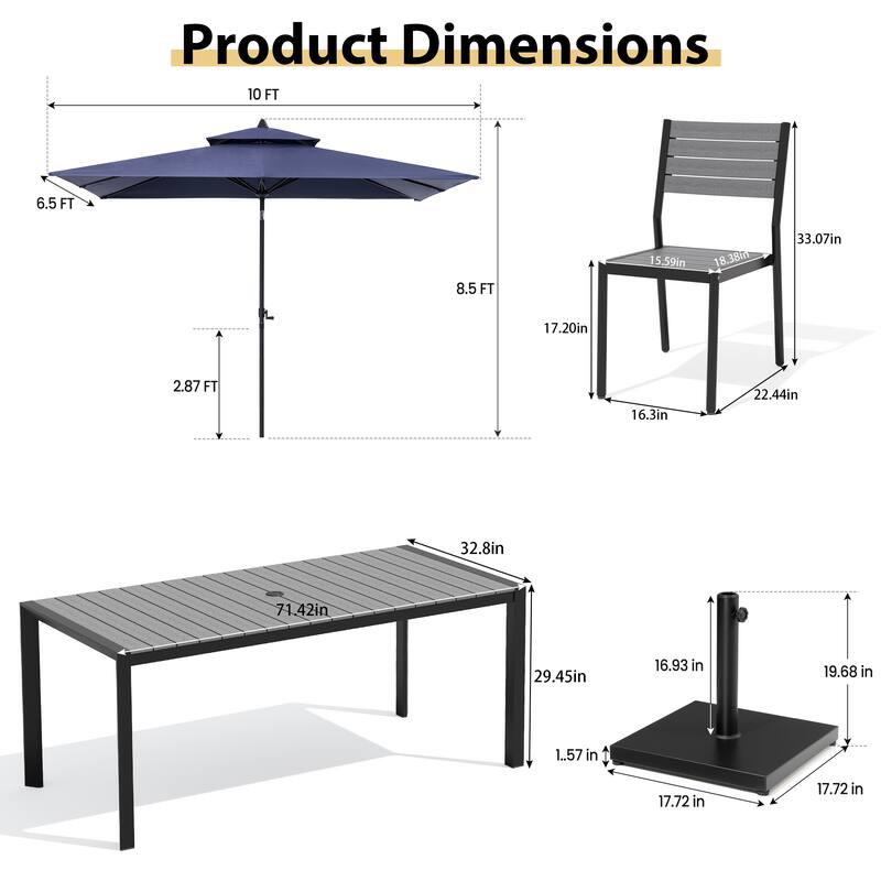 Set of 9 Outdoor Patio Dining Set WoodLike Aluminum Umbrella Hole Table with Stackable Chairs, Market Umbrella Set