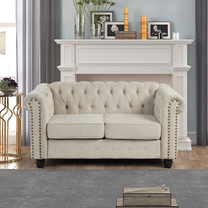 Morden Fort Linen Chesterfield Loveseat with Button Tufted, Nailhead and Solid Wood Legs for Living Room - Beige