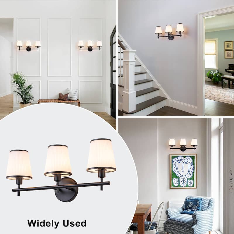 3-Light Matte Black Metal Wall Sconce Ribbed Fabric Shade Traditional