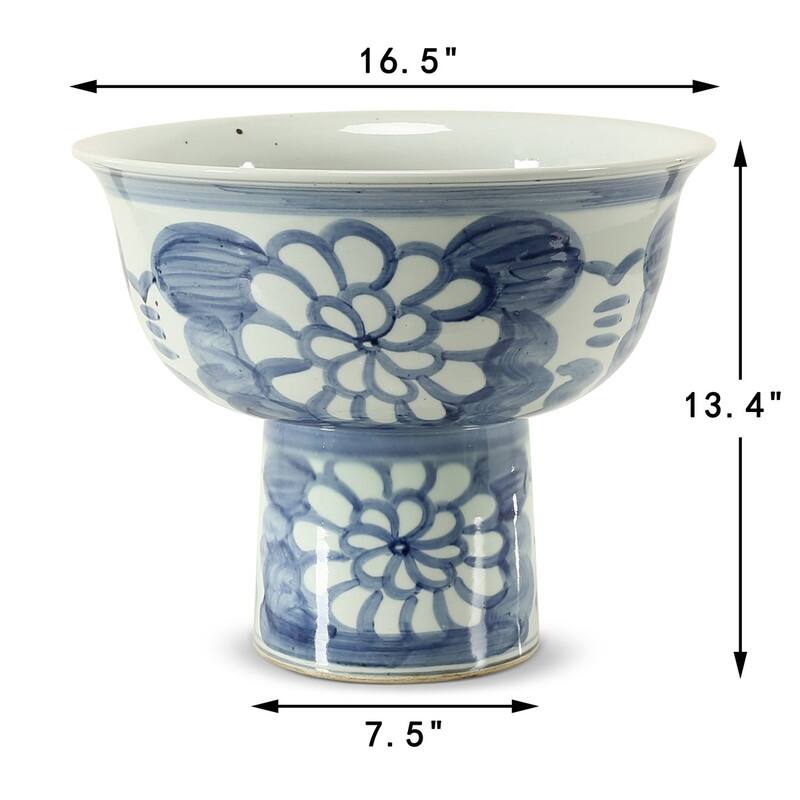 Hand Painted Blue and White Pedestal Bowl-16" W x13"H