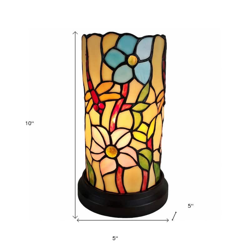 Multi Color Resin Mini Lamp with Red, Beige-Stained Glass Shade - 5” x 5” x 10” (D x W x H)