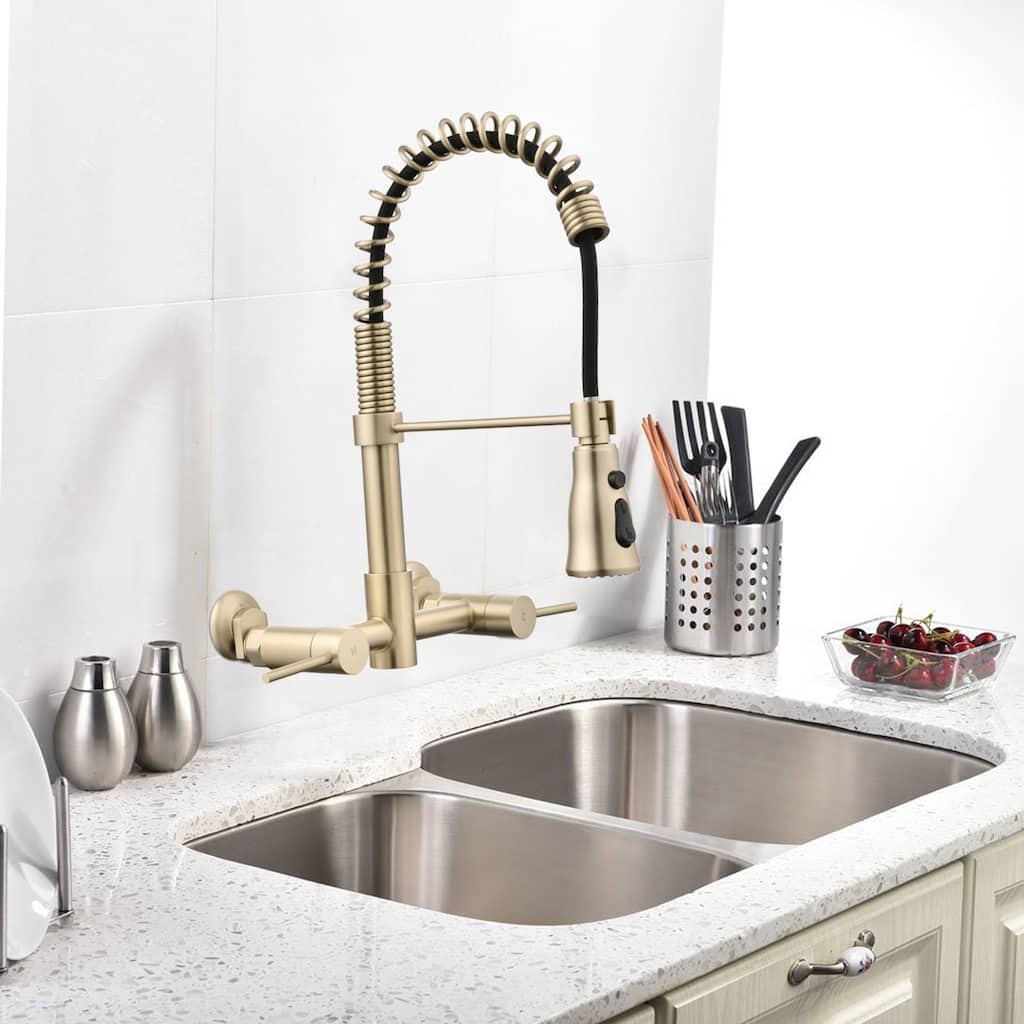 PROOX Double Handle Kitchen Faucet with Pull Out Sprayer Wall Mounted