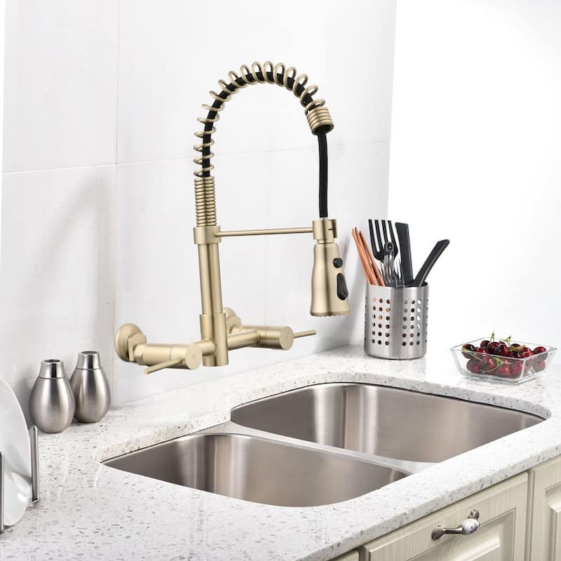 PROOX Double Handle Kitchen Faucet with Pull Out Sprayer Wall Mounted