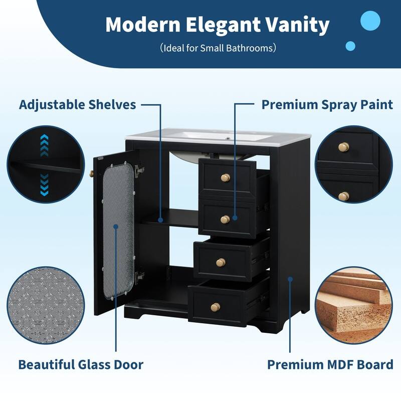 30''/36'' Bathroom Vanity with Sink, 3 Drawers Bathroom Storage Cabinet with Soft-Close Glass Door and Adjustable Shelf