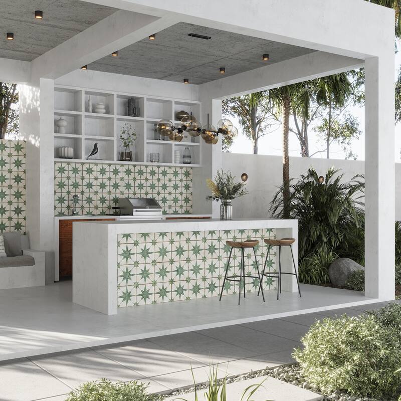 Palmera 9x9 Green White Porcelain Star Square Wall and Floor Tile (6.96 sq ft/case) - 13 Pack