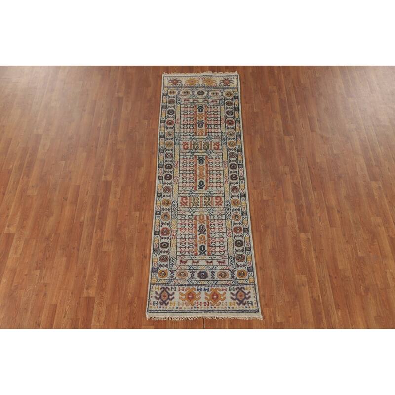 Geometric Khotan Oriental Runner Rug Hand-Knotted Wool Carpet - 2'6" x 8'0"