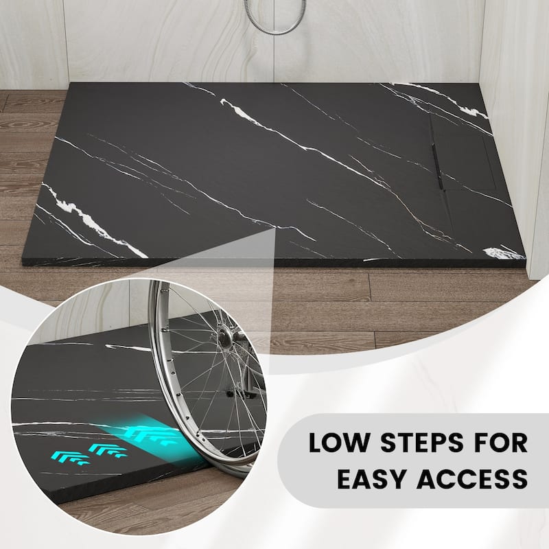 SMC Alcove Shower Pan Base with Reversible Drain, Low Profile, Wheelchair Access, Slip-Resistant, cUPC Certified