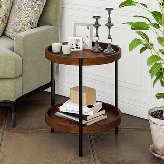 2tier Round Side End Table Storage Shelf Rubber Wood Accent Nightstand ...