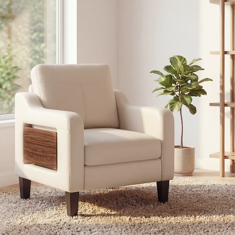 Modern Accent Chair with Wooden Armrest Comfortable Single Sofa Armchair for Living Room Bedroom Reading