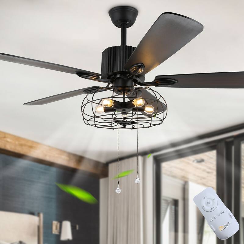 52" Industrial Ceiling Fan with Remote and Light Kit, 3-Speed Reversible Metal Caged Ceiling Fan