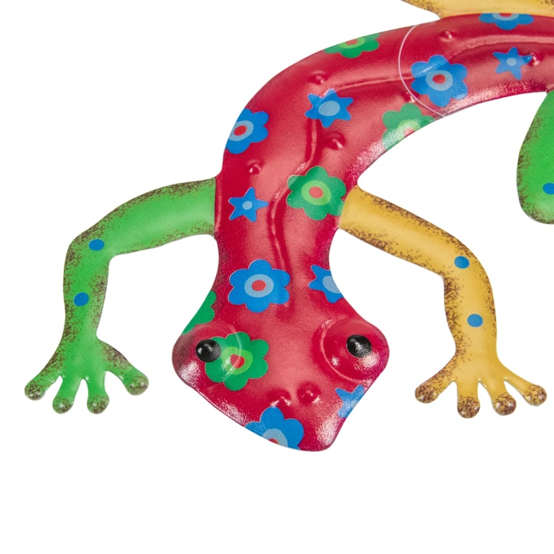 11.75" Red Floral Metal Lizard Outdoor Wall Hanging