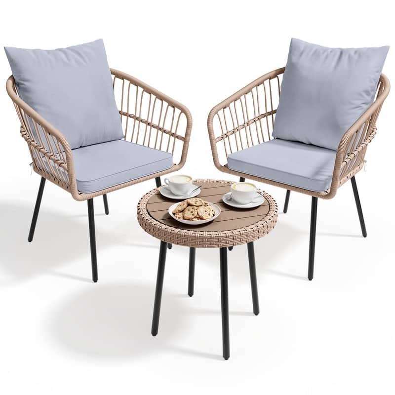 Moasis 3 Pieces Outdoor Wicker Rattan Patio Conversation Bistro Set - Grey/Yellow