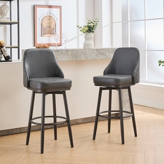 Set Of 2 PU Leather Counter Height Bar Stools With Back – Dark Grey, Metal Frame