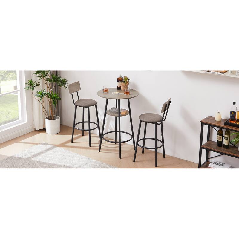 Minimalist Style 3-Piece Dining Table Set with 2 Bar Stools Round Table with Shelves,Grey
