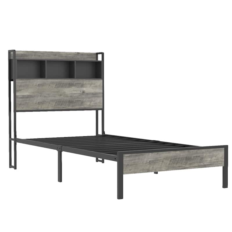 Metal Platform Bed Frame w/Wooden Headboard Footboard, USB Ports, Storage Shelf, Noise Free, No Box Spring Needed, Antique Gray