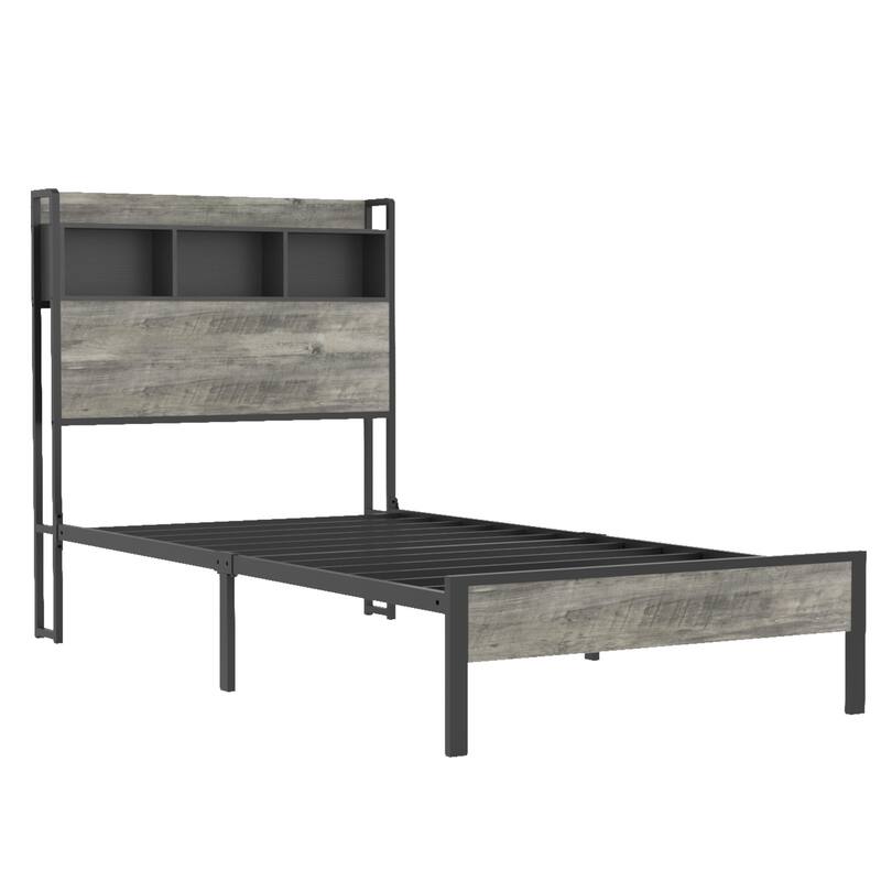 Metal Slats Frame Support Platform Bed with Storage Headboard Built-in Charging Station, Low Profile Bed