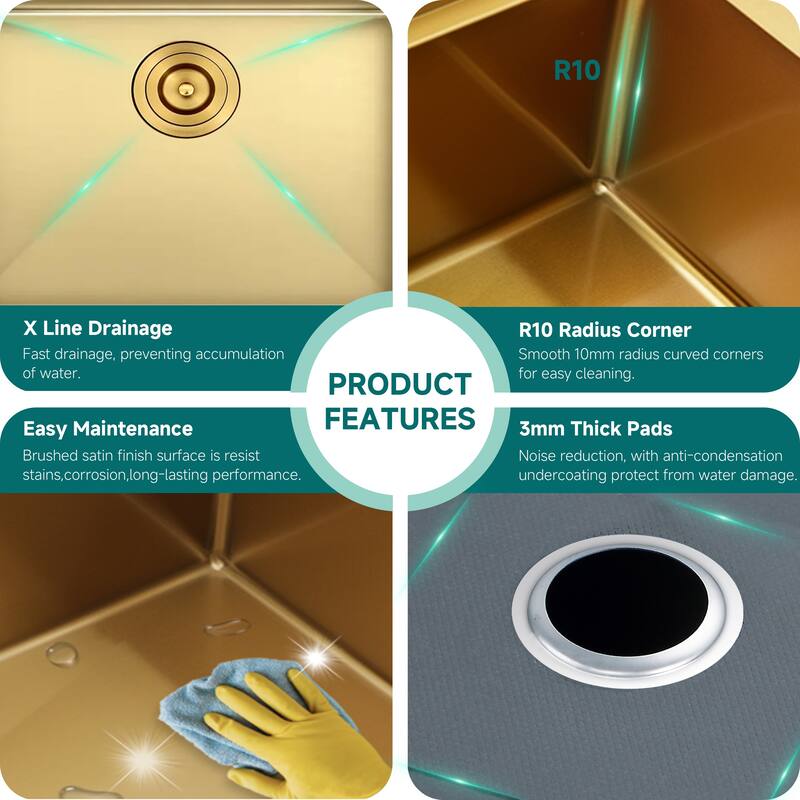 CB HOME 32 Inch Gold Kitchen Sink, 32x19 Undermount Single Bowl Sink, Stainless Steel Kitchen Sink with Drainer & Grid