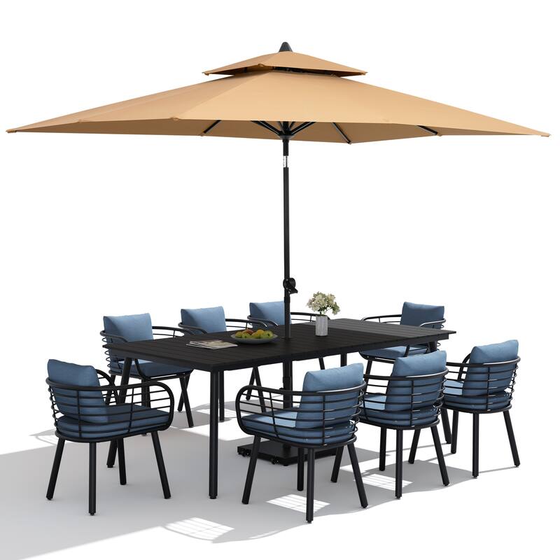 11PC Outdoor Patio Dining Set Aluminum Table with Sunbrella Cushion Chairs w/ Premium Market Umbrella Sets