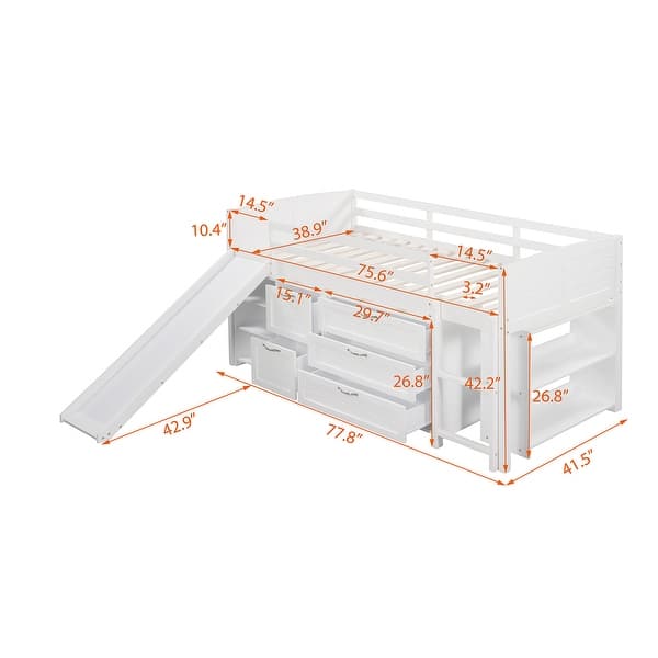 dimension image slide 1 of 3, Low Twin Size Loft Bed with Cabinets, Shelves and Slide, White