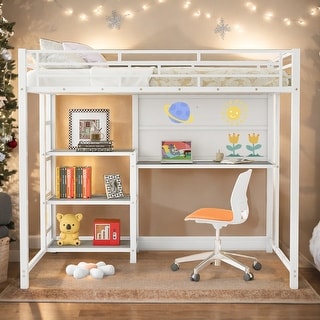 Modern Full Size Loft Bed with Desk and Whiteboard with 3 Shelves and Ladder