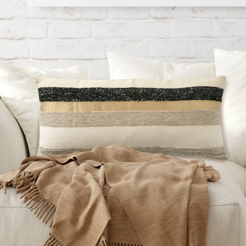 Woven Wool Blend Lumbar Pillow with Gold Metallic Thread and Stripes