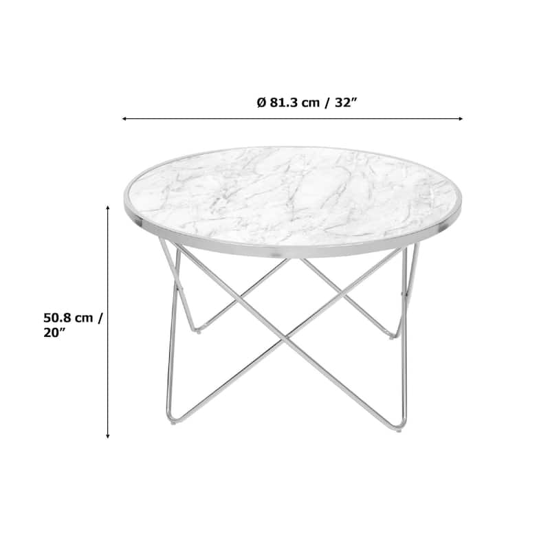 Teamson Home 32 in. Round Faux White Marble Coffee Table with Silver Metal Geometric Base, Small Modern Living Room Table