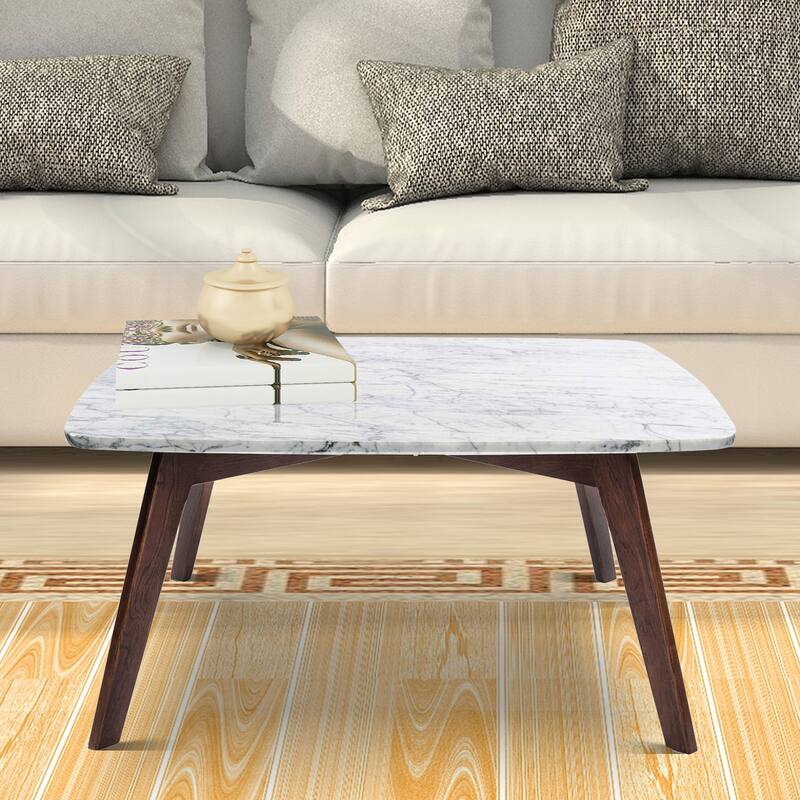 Vezzana 31" Square Italian Carrara White Marble Coffee Table with Walnut Legs