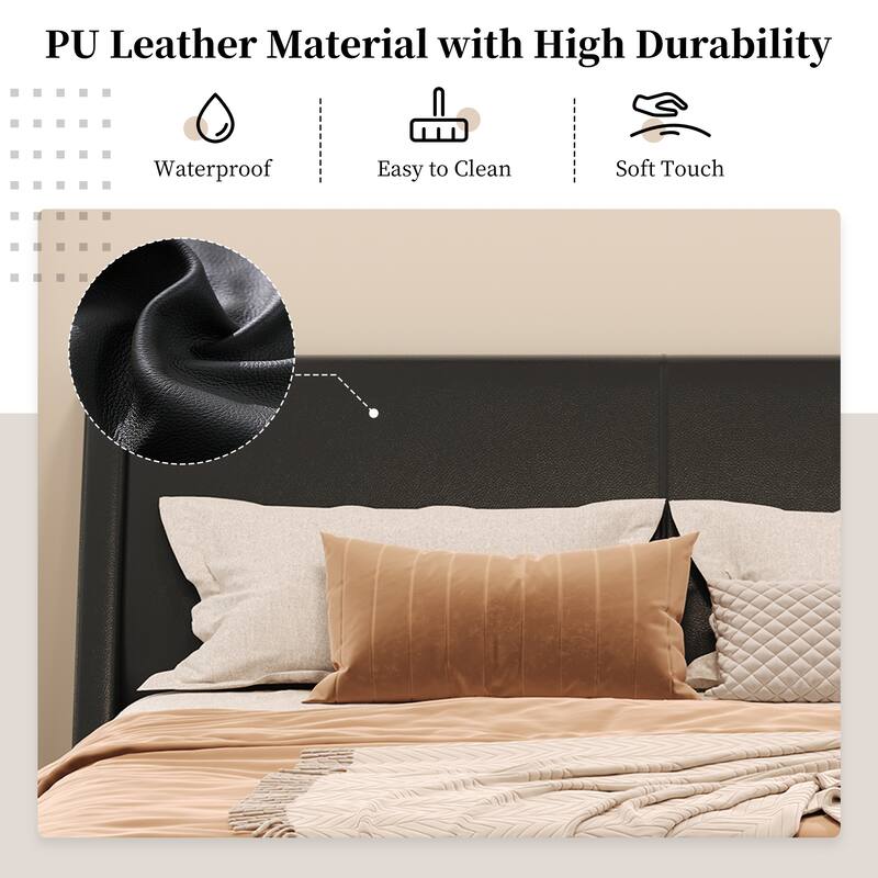 Wave-Like Curve Design Platform Bed Pu Leathe Upholstered Bed Frame Wooden Slat Support