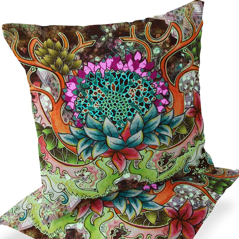 HomeRoots Set of Two 16" X 16" Green and Pink Blown Seam Floral Indoor Outdoor Throw Pillow - 16.00' X '16.00' X '5.00