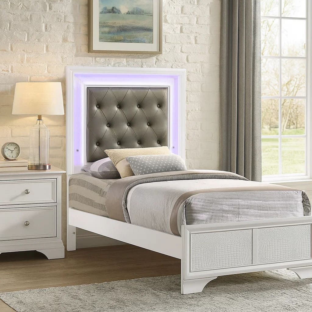 Lise Twin Size Bed, Gray Fabric Upholstery, LED Lit, Modern White Wood