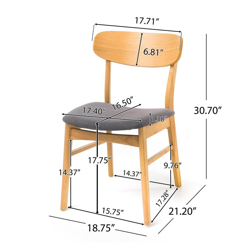 Dining Chair Set of 2, Gray Padded Seat, Natural Brown Splayed Legs