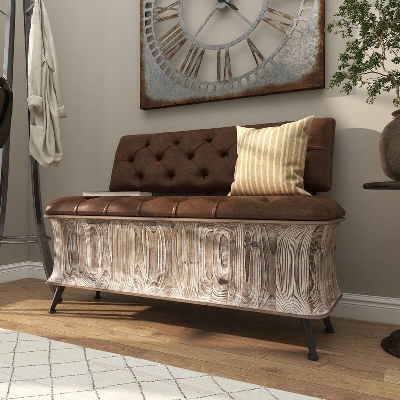 Brown Wood Storage Bench with Tufted Faux Leather Seat and Back