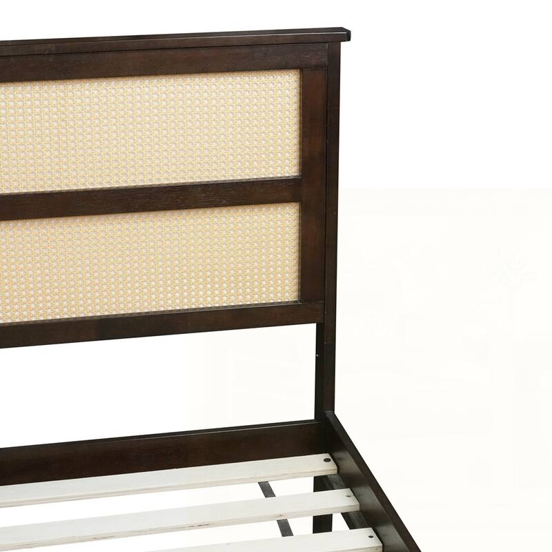 Solid Wooden Bed with Rattan Headboard