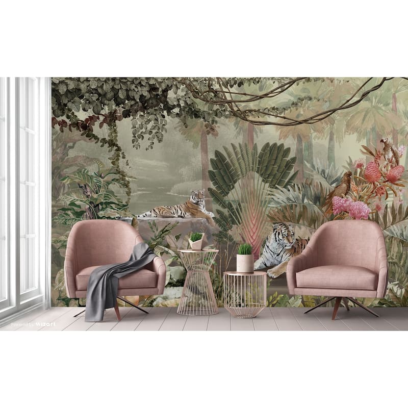 Exquisite Jungle Wallpaper Mural Tigers Tropical Flora Exotic Birds