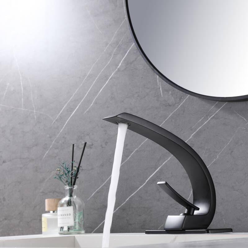 Modland C-Shaped Single Hole Bathroom Faucet, 500K Cycle CUPC Certified, 6-Inch Cover Plate, Black / Gold / Nickel / Chrome