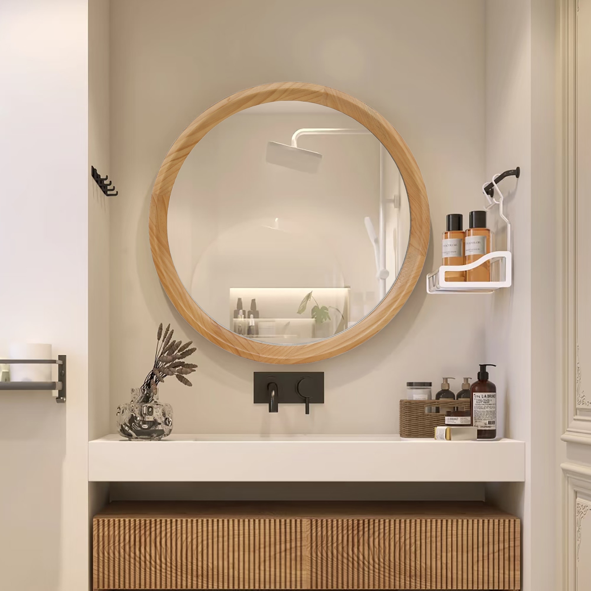 Natural Wood Round Wall Mirror, 23.62" Minimalist Decorative Mirror for Bathroom Vanity/Living Room (Sleek Solid Wood Frame)