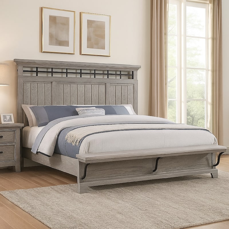 Bix King Size Bed w Upholstered Footboard, Light Gray Wood Grain