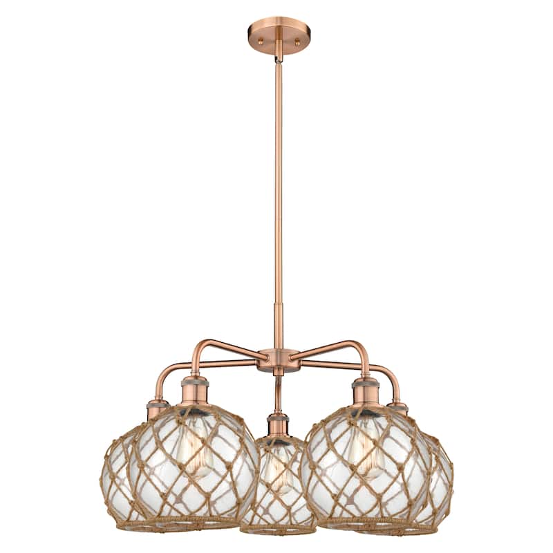 Innovations Lighting Endless Possibilities Ballston - Farmhouse Rope - 5 Light 27" Stem Hung Chandelier - Clear Glass with Brown Rope/Antique Copper