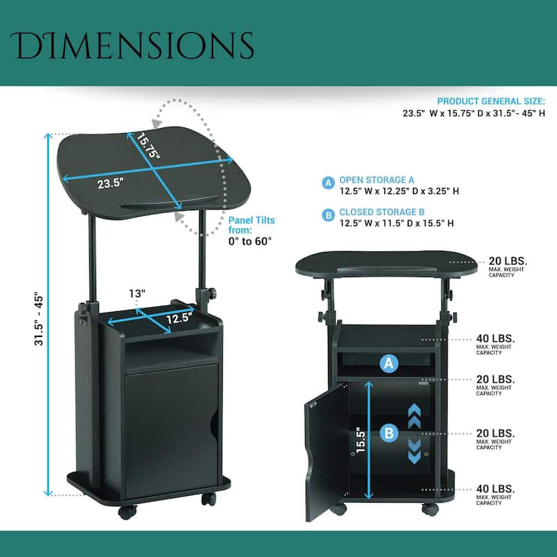 Rolling Laptop Cart Sit-to-Stand with Adjustable Height & Storage