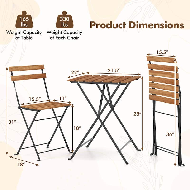 Costway 3 PCS Patio Acacia Wood Bistro Set Bistro Table with 2 Folding - See Details