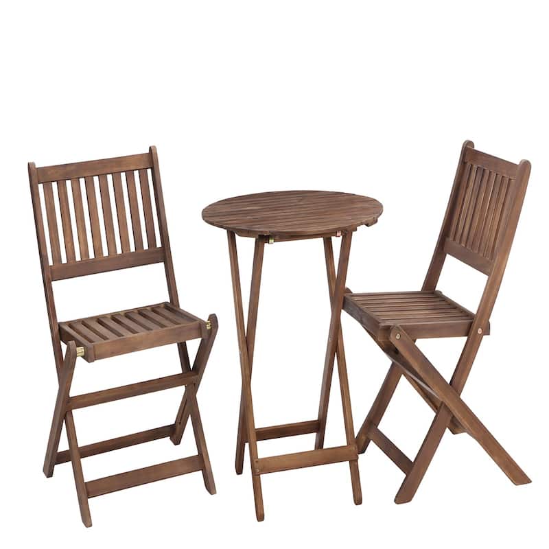 Brown Acacia Wood Bistro Set Compact Table and Chairs for Indoor and Outdoor Use - 19" x 21" x 32.5"