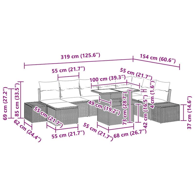 vidaXL 9 Piece Outdoor Sofa Set with Cushions - 125.6×60.6×27.2