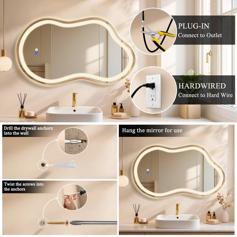 Asymmetrical Framed LED Light Anti-fog 3-Colors Dimmable Irregular Wall Mirror