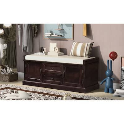 Storage Bench with 2 Drawers and 2 Cabinets, Shoe Bench with Removable Cushion for Living Room