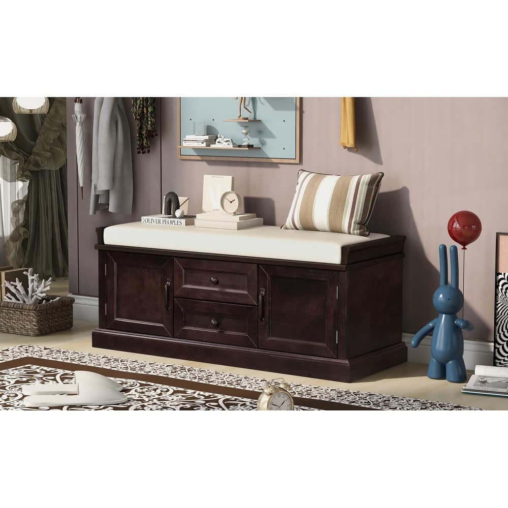 Storage Bench with 2 Drawers and 2 Cabinets, Shoe Bench with Removable Cushion for Living Room
