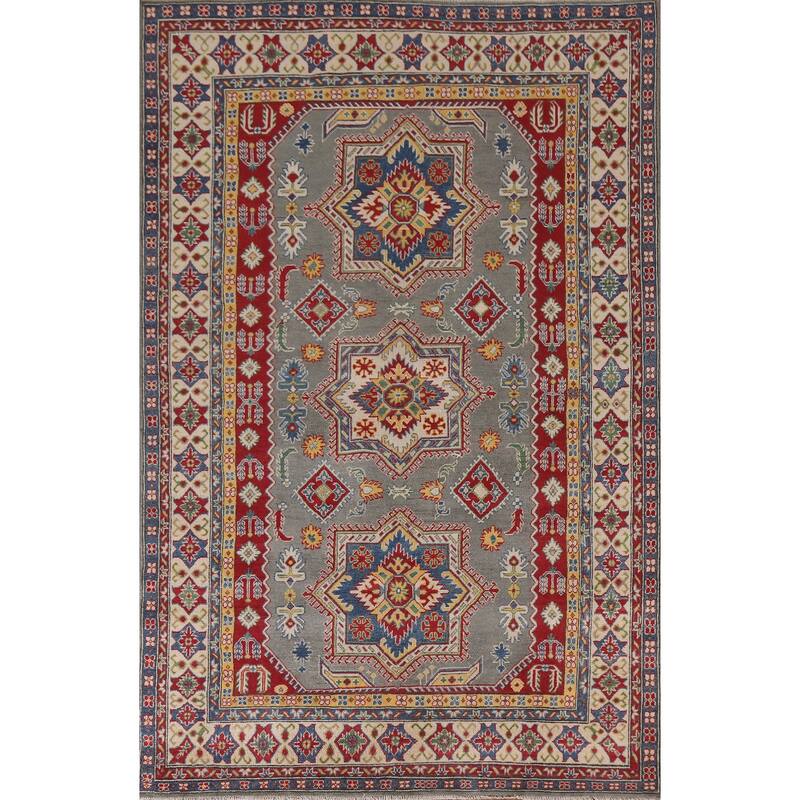Hand Knotted Oriental 100% Wool Carpet Traditional Geometric Greys & Charcoal Kazak Area Rug - 9' 10'' X 6' 6''