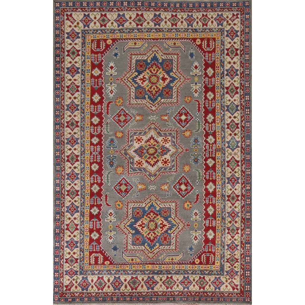 Hand Knotted Oriental 100% Wool Carpet Traditional Geometric Greys & Charcoal Kazak Area Rug - 9' 10'' X 6' 6''