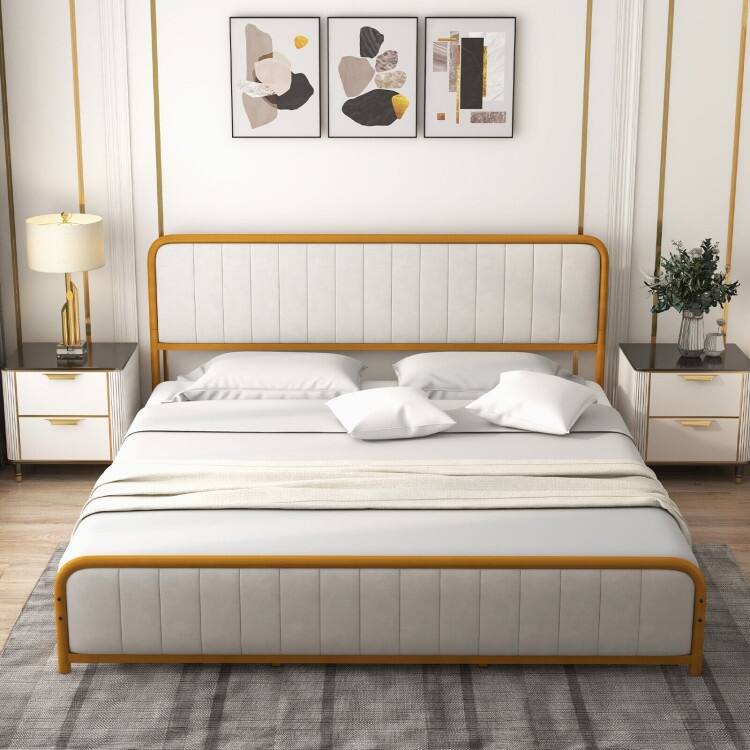 Upholstered Gold Platform Bed Frame with Velvet Headboard