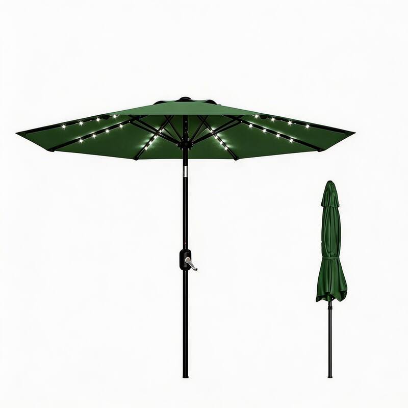 9 ft Patio Umbrella, 8 Sturdy Ribs, with Lights - Dark Green